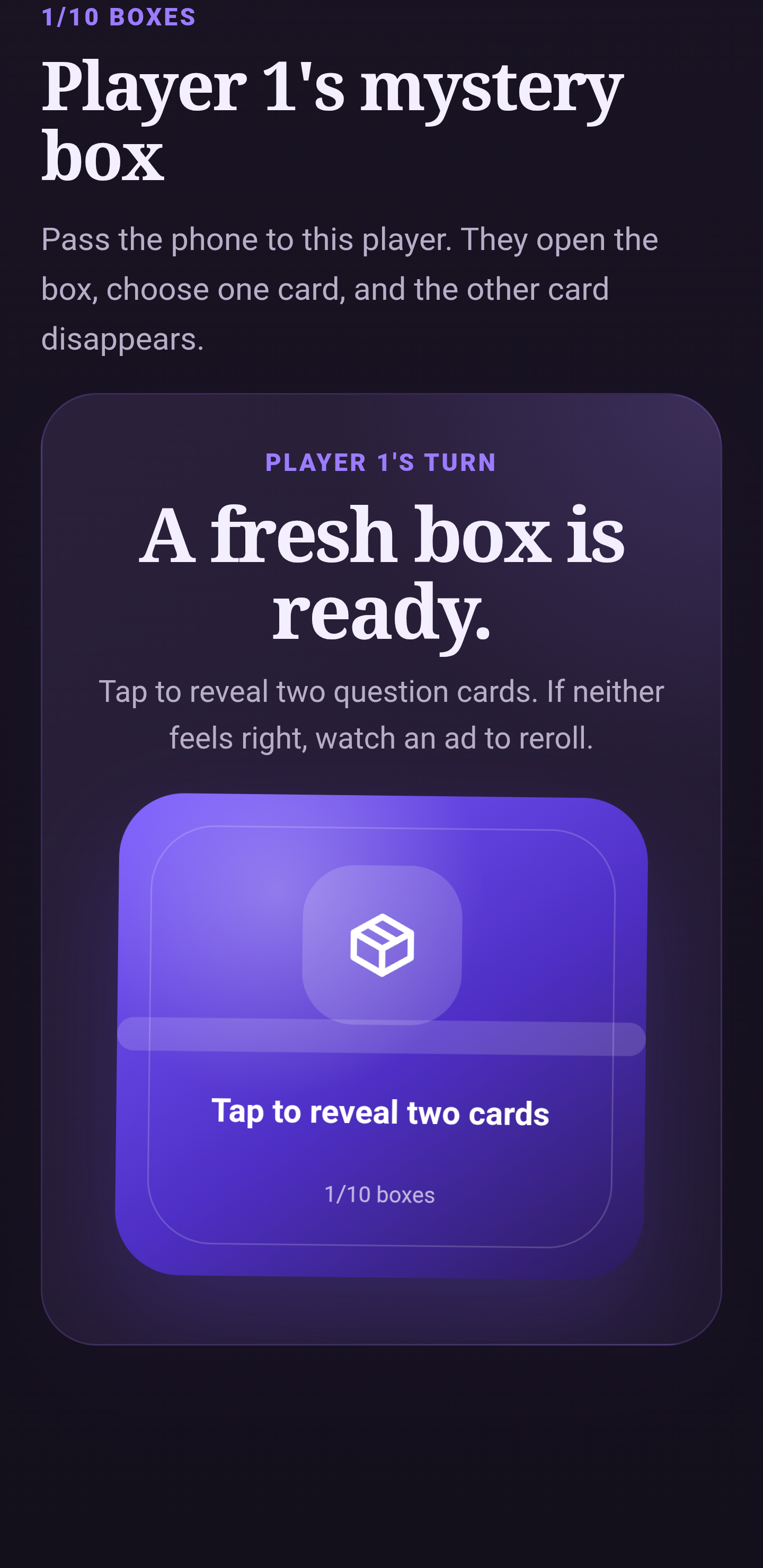 One Question mystery box ready screen