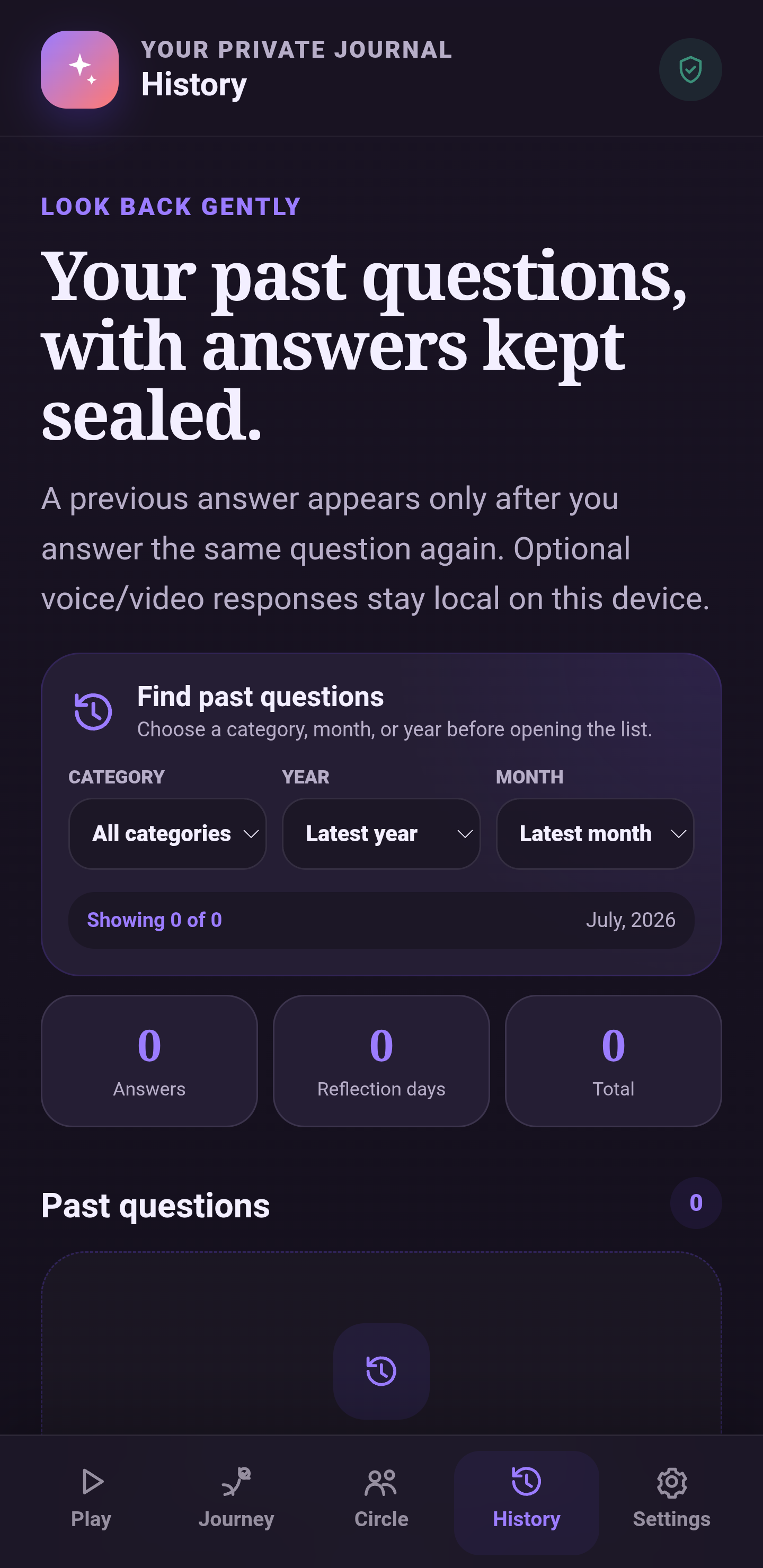 One Question private history filters screen